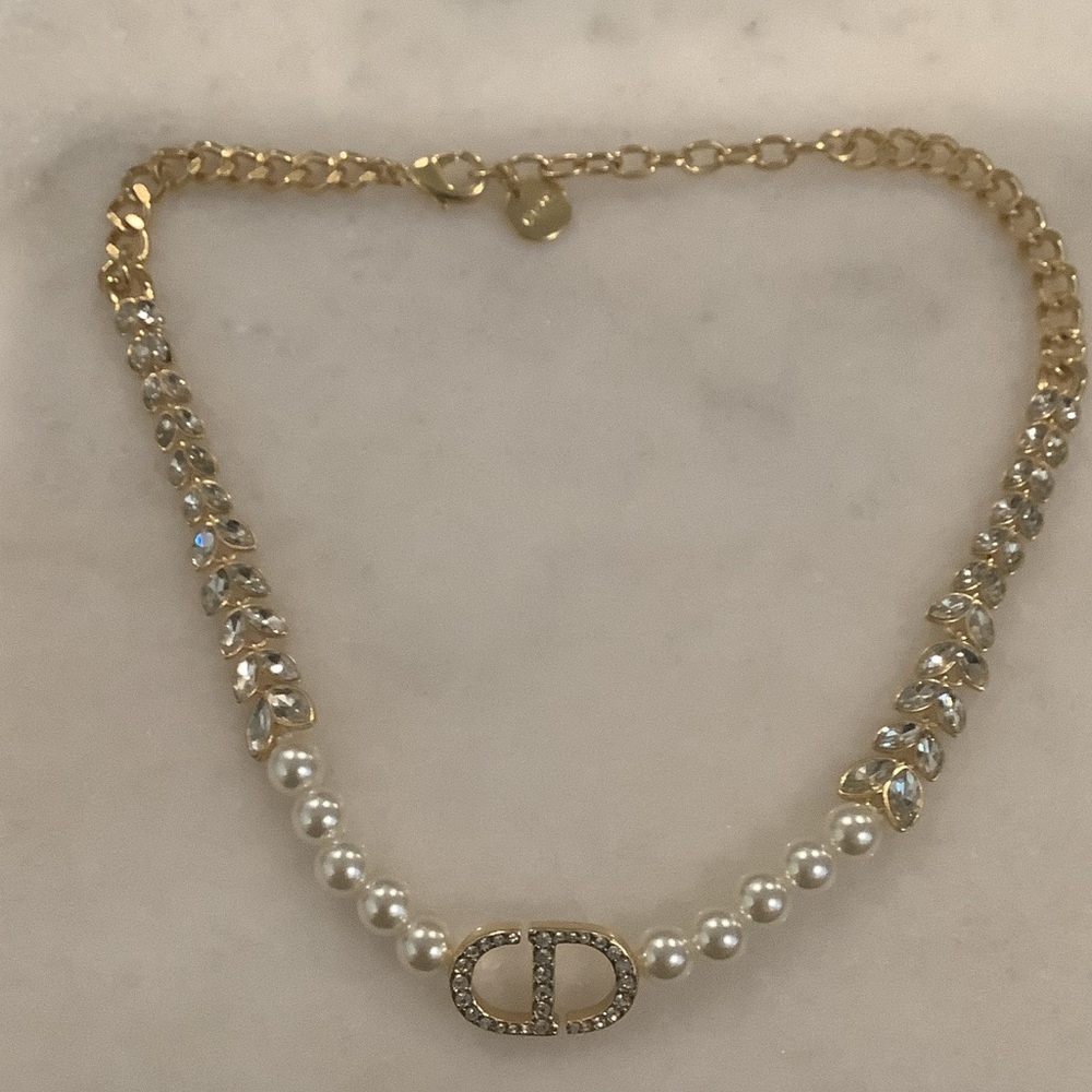 Gold-Tone Pearl and Crystal Pendant Necklace, Brand New